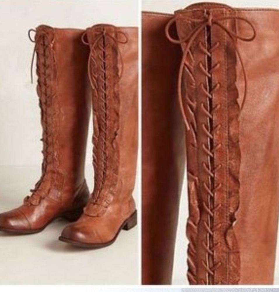 Anthropologie Brown Leather Boots with Front Ruffle